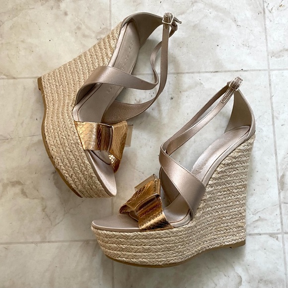 Burberry Made in Italy Satin Rosegold Leather Bow Espadrilles Sandals sz 9/39 - Picture 1 of 14